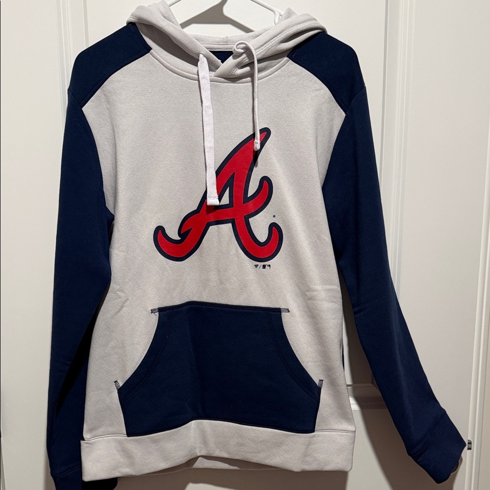 Fanatics White Hoodie with Navy Sleeves and Red Script A - Atlanta Braves